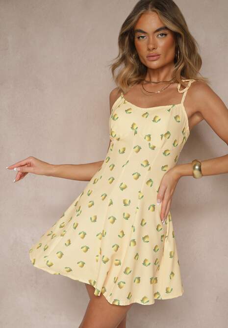 Żółta Sukienka na Cienkich Wiązanych Ramiączkach w Cytrynowy Print Efrinira