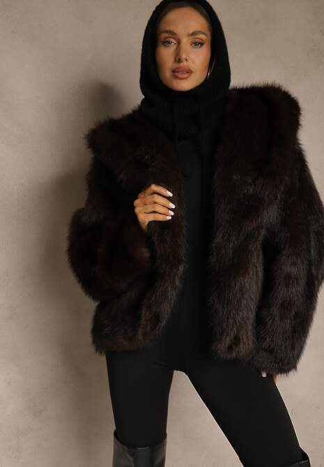 Brązowa Kurtka Futerko z Kapturem i Kieszeniami Zelafera