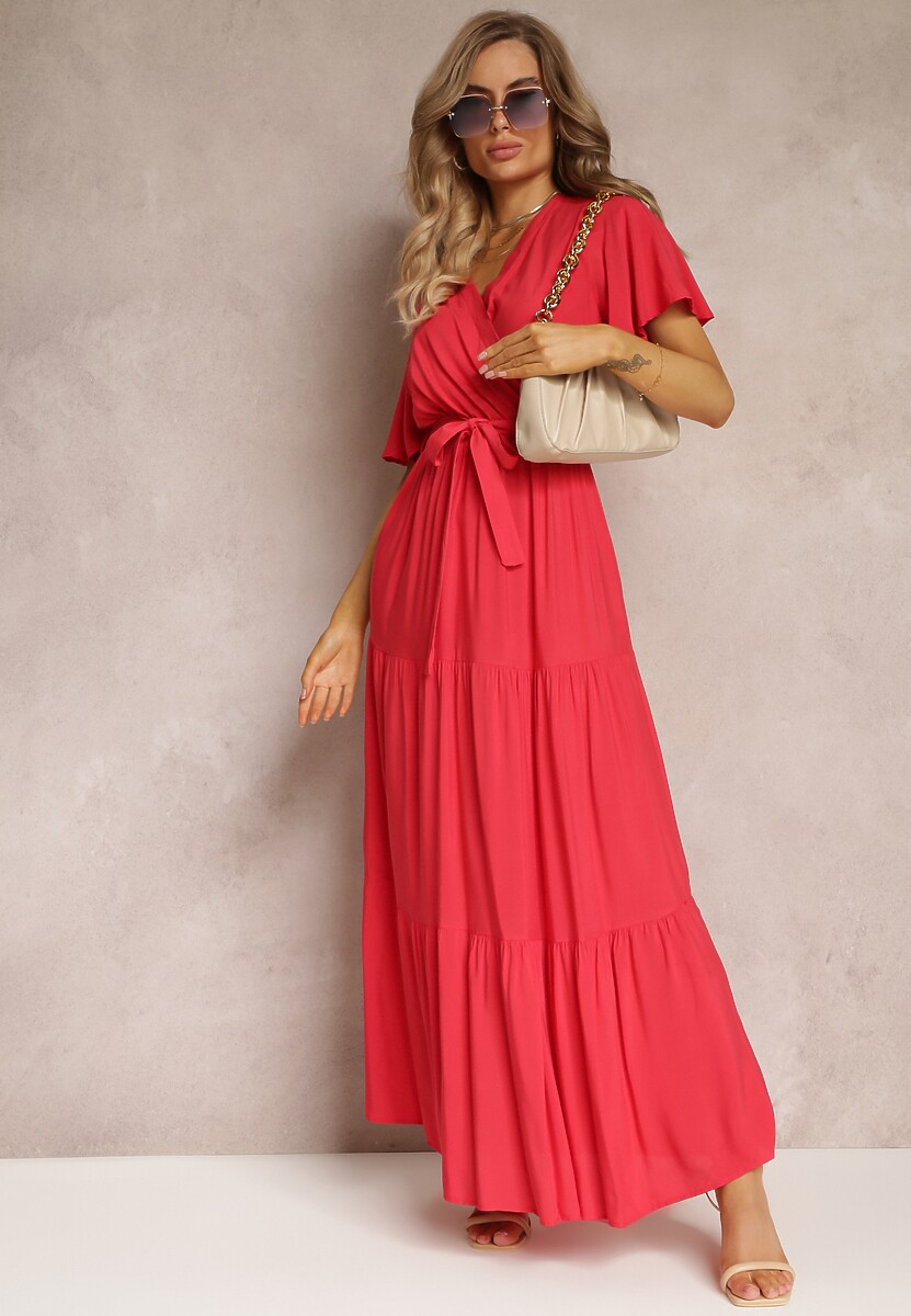 Czerwona Rozkloszowana Sukienka z Falbanką i Wiązanym Paskiem Adotine