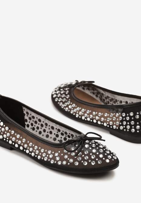 Czarne Siateczkowe Balerinki Zdobione Cyrkoniami i Kokardką Revia