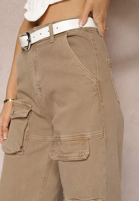 Jasnobeżowe Bawełniane Spodnie Bojówki z Prostymi Nogawkami i Kieszeniami z Klapami Aranduil