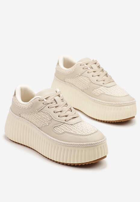 Beżowe Sneakersy ze Skóry Naturalnej na Tłoczonej Platformie Mirivin