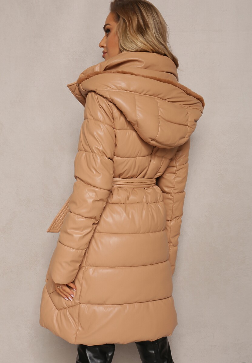 Ciemnobeżowa Wiskozowa Kurtka z Imitacji Skóry z Ozdobnym Pikowaniem z Paskiem i Kapturem Gersja