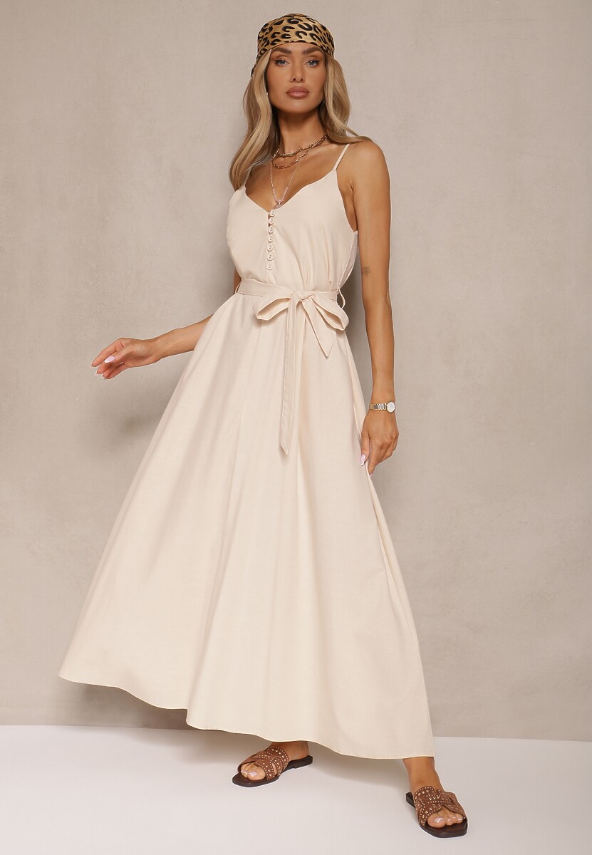 Żółta Sukienka z Bawełną i Wiskozą z Ozdobnym Paskiem Savaine