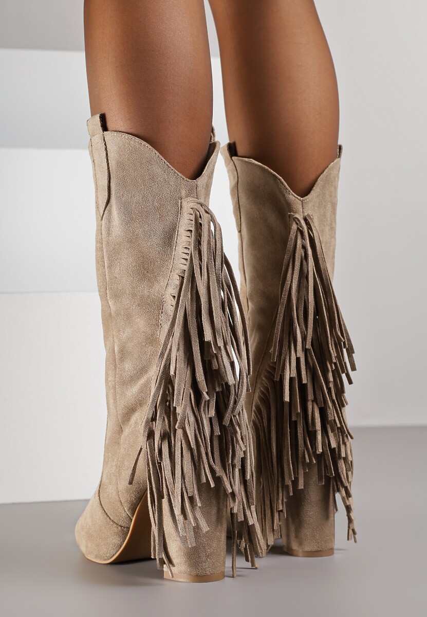 Ciemnobeżowe Botki Kowbojki na Słupku Ozdobione Frędzlami Reikka