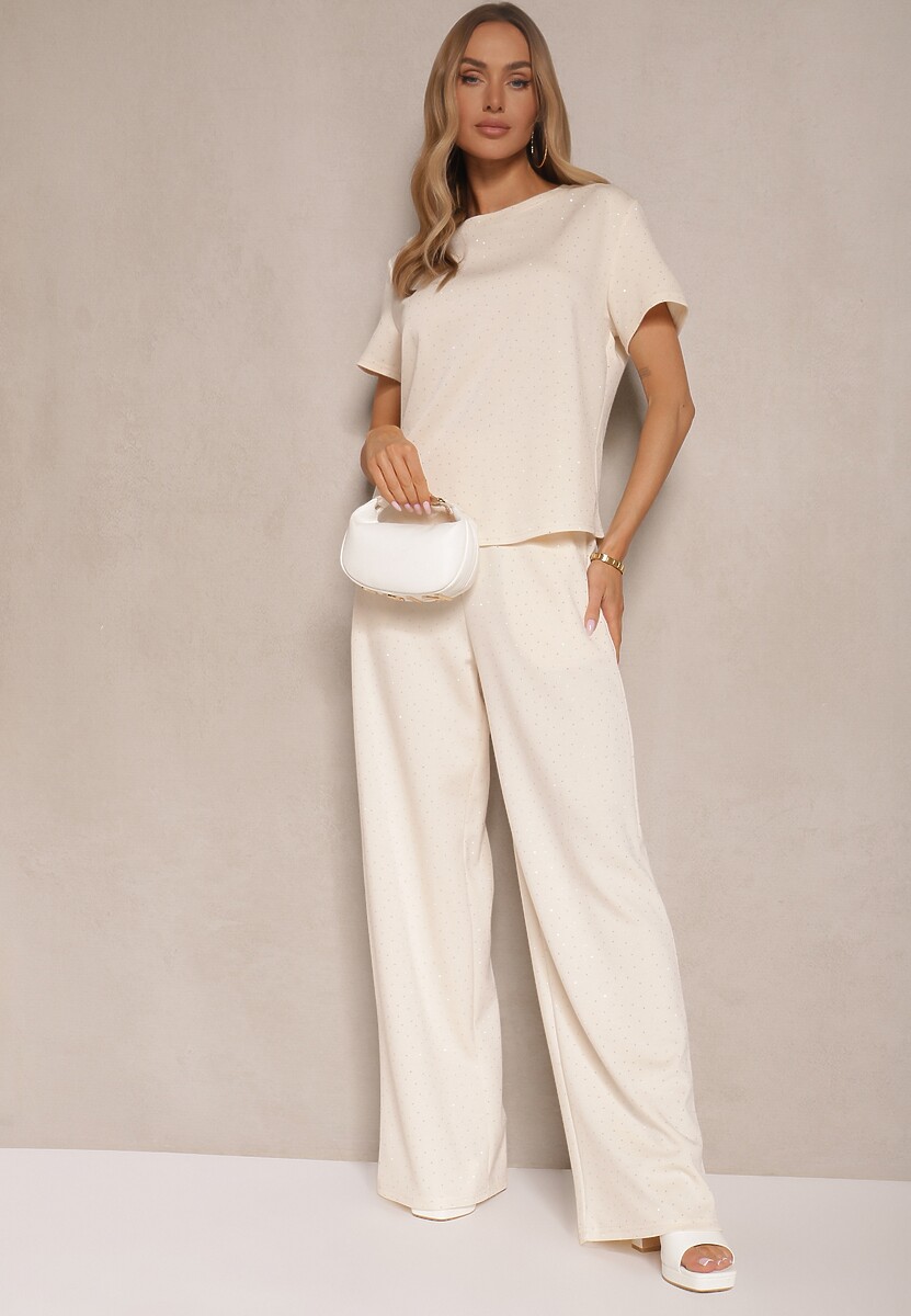 Beżowy T-shirt z Wiskozą i Cyrkoniami Erritia