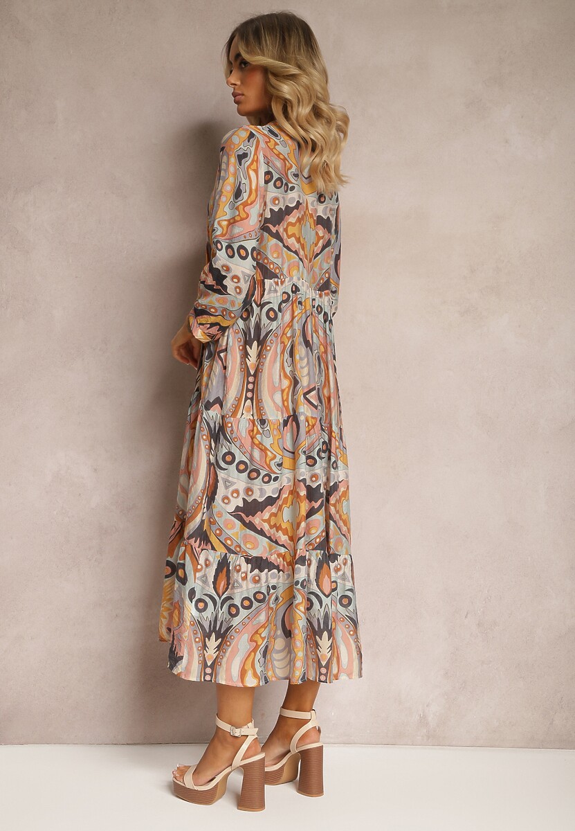 Żółto-Brązowa Sukienka o Rozkloszowanym Kroju z Rękawem 3/4 Wiązana przy Szyi Cinia