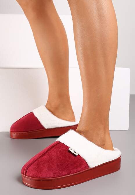 Bordowe Kapcie na Płaskiej Podeszwie z Futerkiem Lerivena