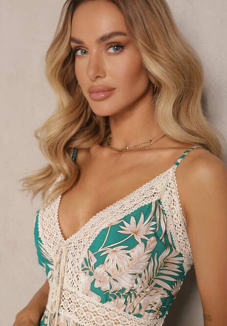 Zielona Rozkloszowana Sukienka z Bawełny w Tropikalny Print z Koronką Alulora