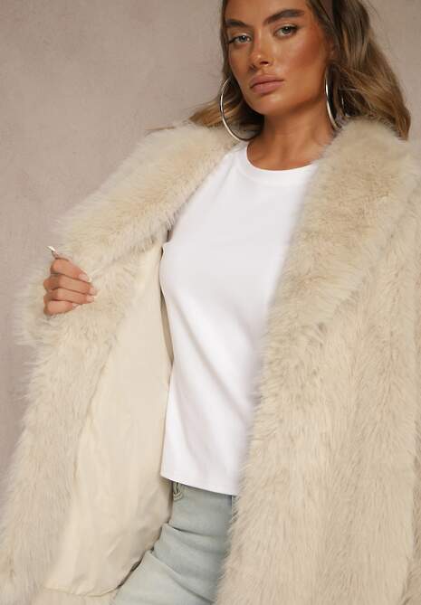 Beżowa Klasyczna Kurtka Futerko z Wąskim Wiązanym Paskiem w Talii Casfitta