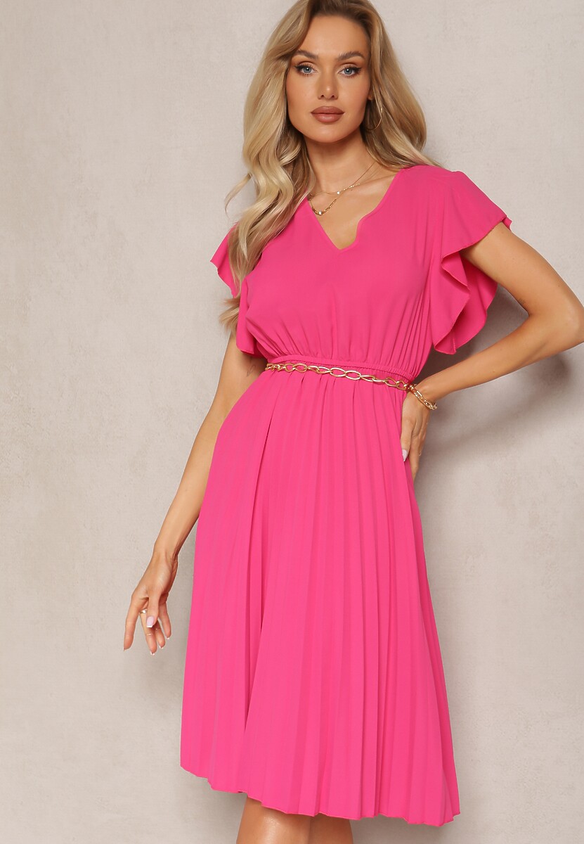 Jasnoniebieska Rozkloszowana Sukienka Midi z Plisami na Dole Nairata