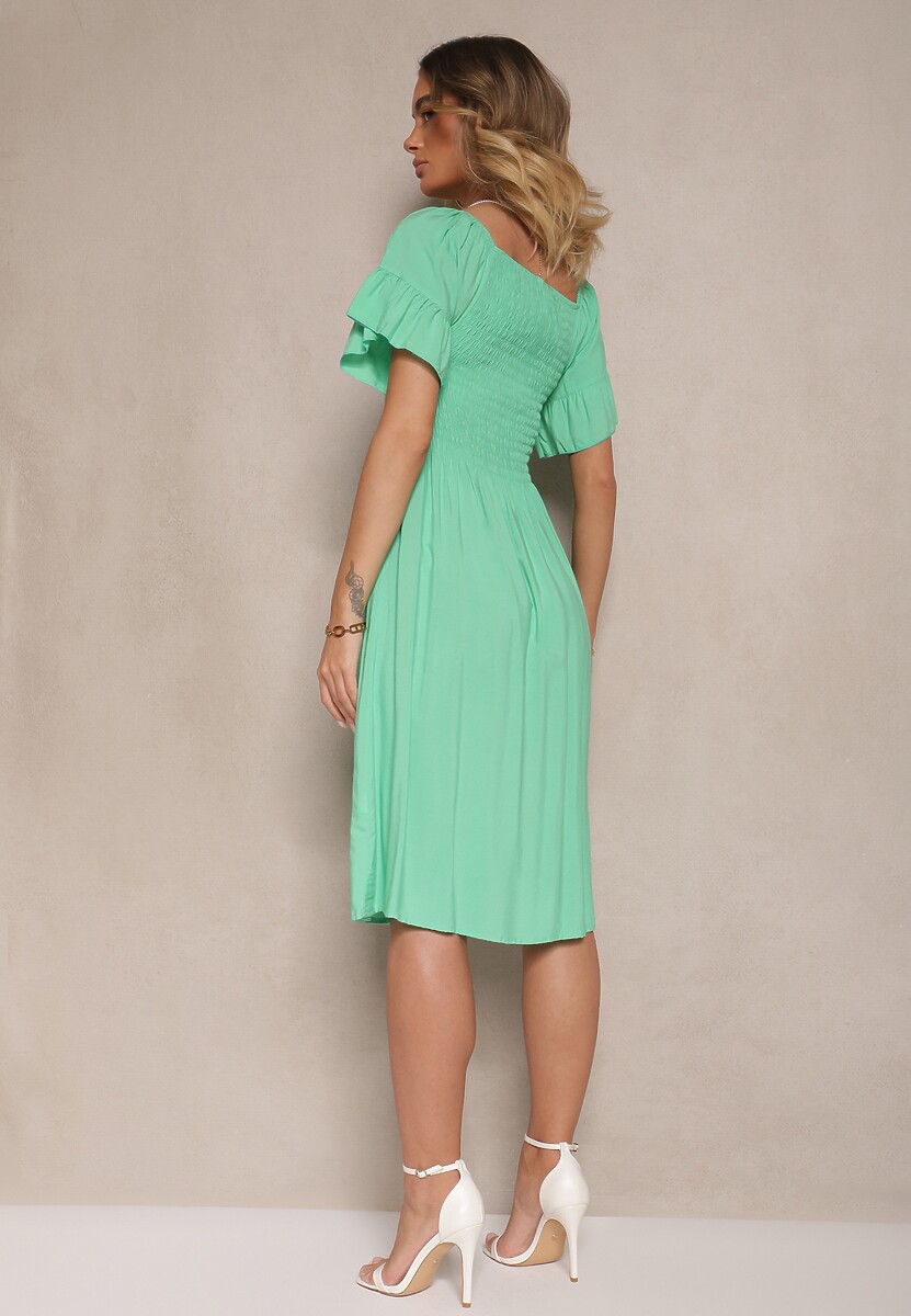 Jasnozielona Sukienka Rozkloszowana z Bawełny z Bufkami w Ramionach i Gumkami w Biuście Norlio