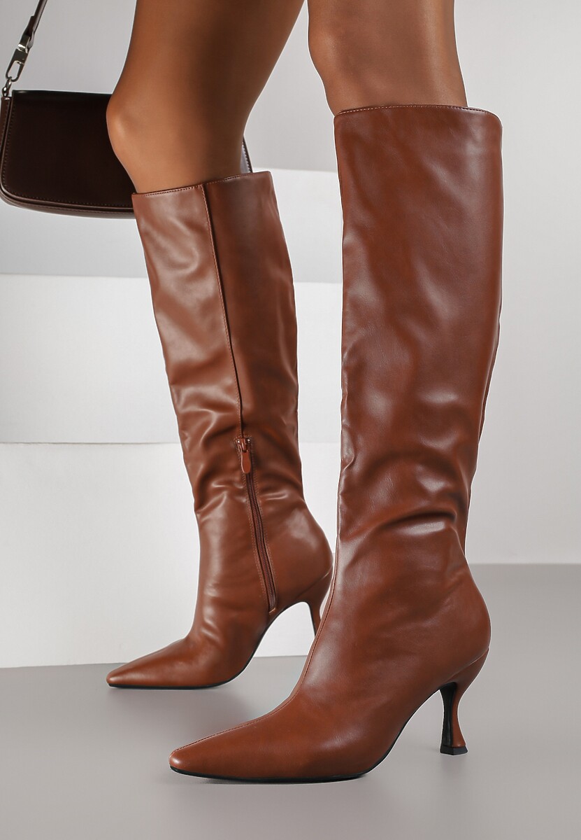 Brązowe Marszczone Kozaki Vices na Obcasie Typu Kaczuszka Miomadia