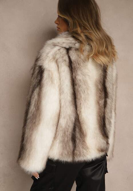 Jasnobeżowa Kurtka Futerko z Ozdobnym Kołnierzem Fitene