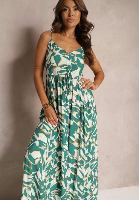 Zielono-Biała Wiskozowa Sukienka na Ramiączkach o Taliowanym Kroju Athelea