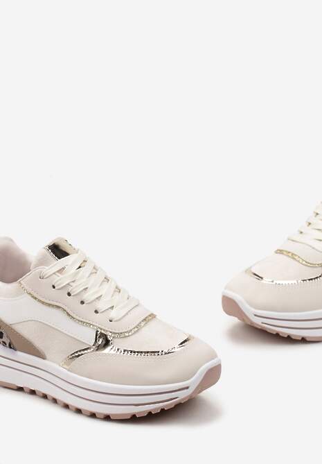 Beżowe Sneakersy na Wysokiej Podeszwie z Błyszczącymi Wstawkami Lovana