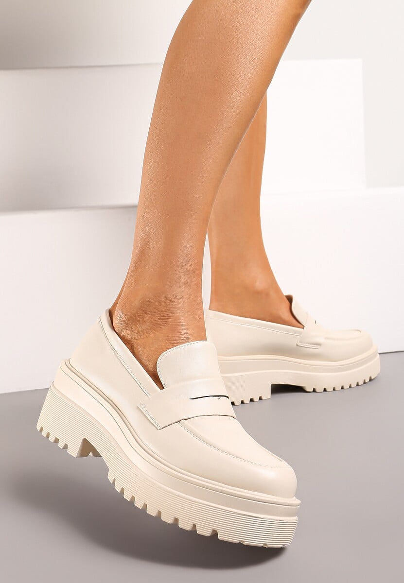 Beżowe Mokasyny na Żłobionej Platformie z Paskiem z Wycięciem Sacreva