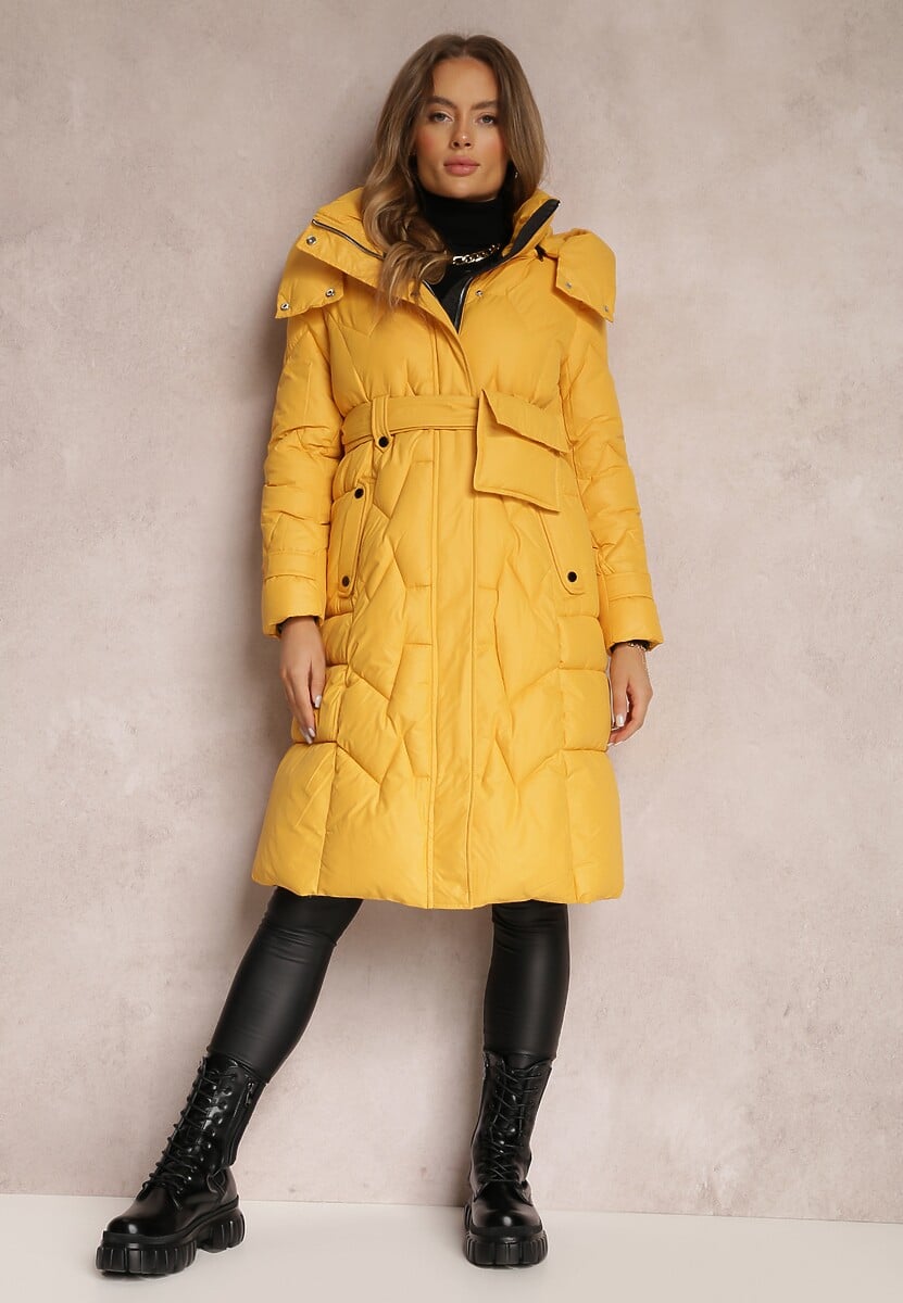 Czarna Kurtka Pikowana Długa z Paskiem i Saszetką Cythine