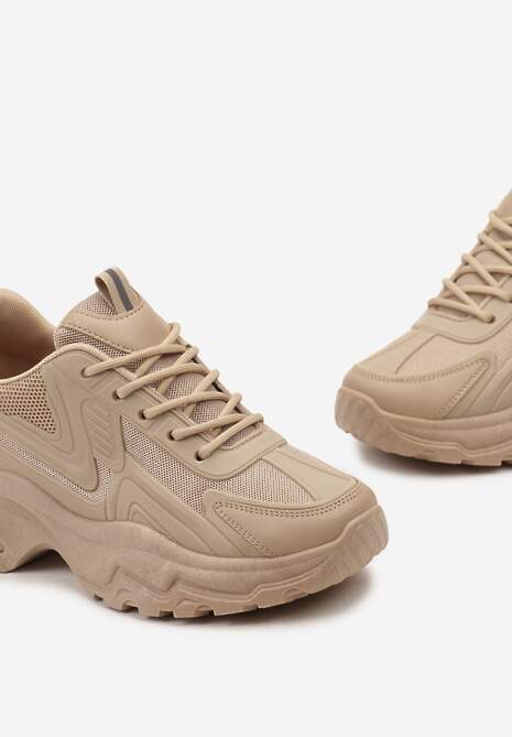 Ciemnobeżowe Sneakersy z Grubą Podeszwą ze Sznurowaniem i Siateczkowymi Wstawkami Lenivia