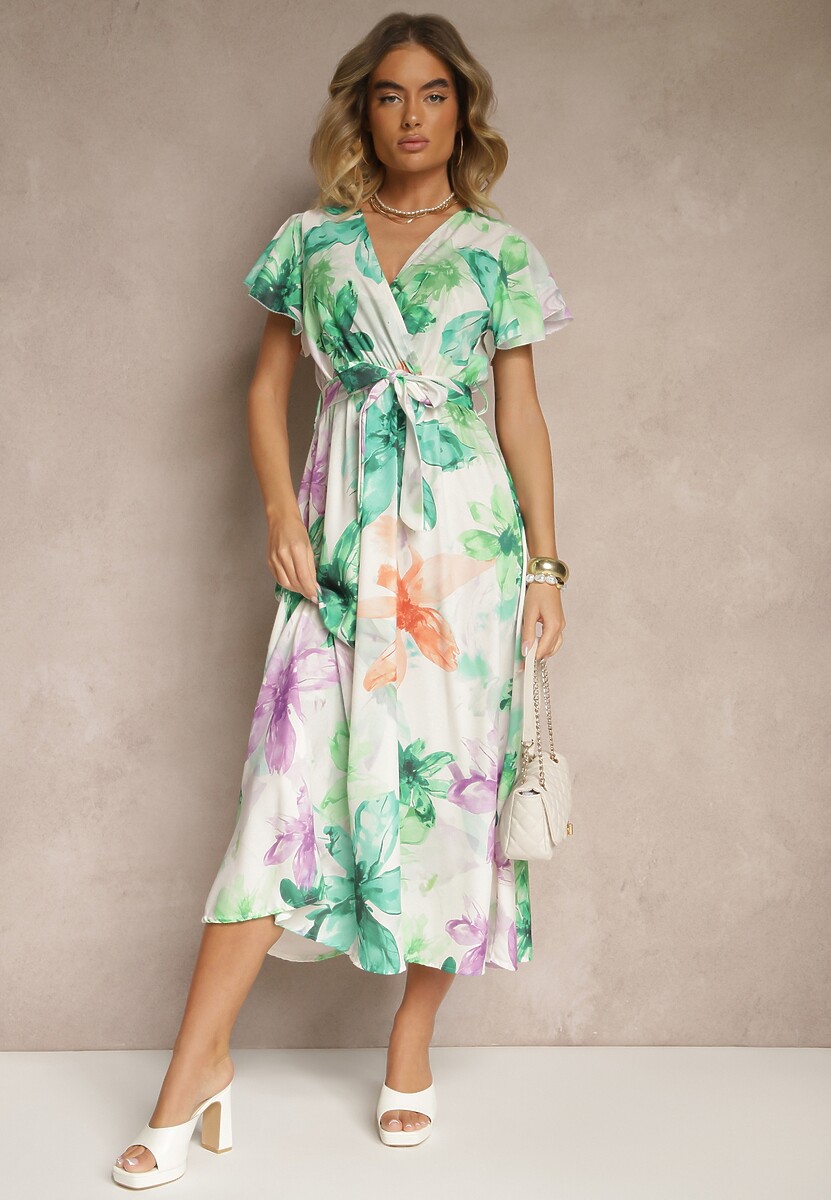 Ciemnozielona Kopertowa Sukienka z Wiązanym Paskiem w Kwiatowy Wzór Redellira