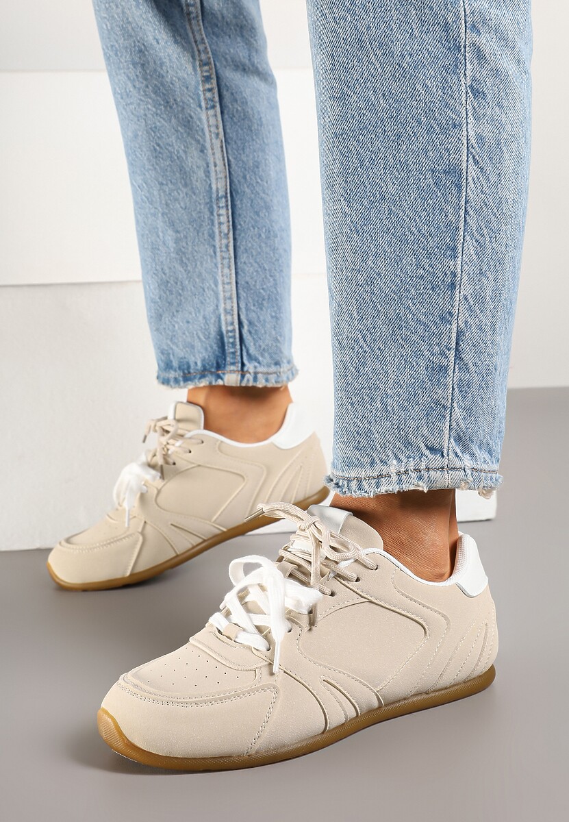 Beżowe Sneakersy Ozdobione Przeszyciami i Podwójnym Sznurowaniem Telisaria