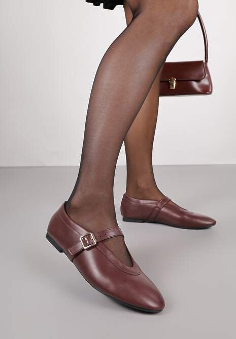 Bordowe Balerinki Vices w Stylu Mary Jane z Klamerką i Skórzaną Wkładką Dimaline