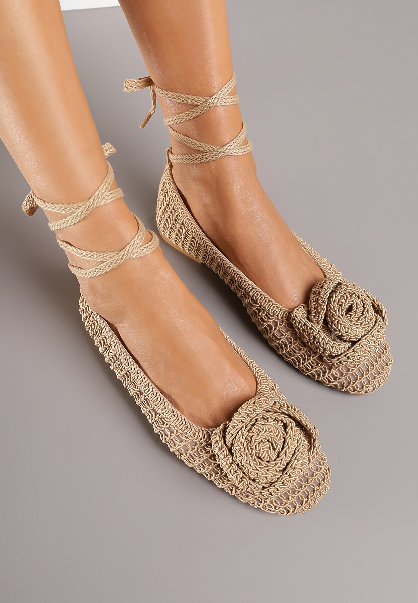 Brązowe Balerinki Vices z Plecionki Zdobione Wiązaniem i Aplikacją Erezelia