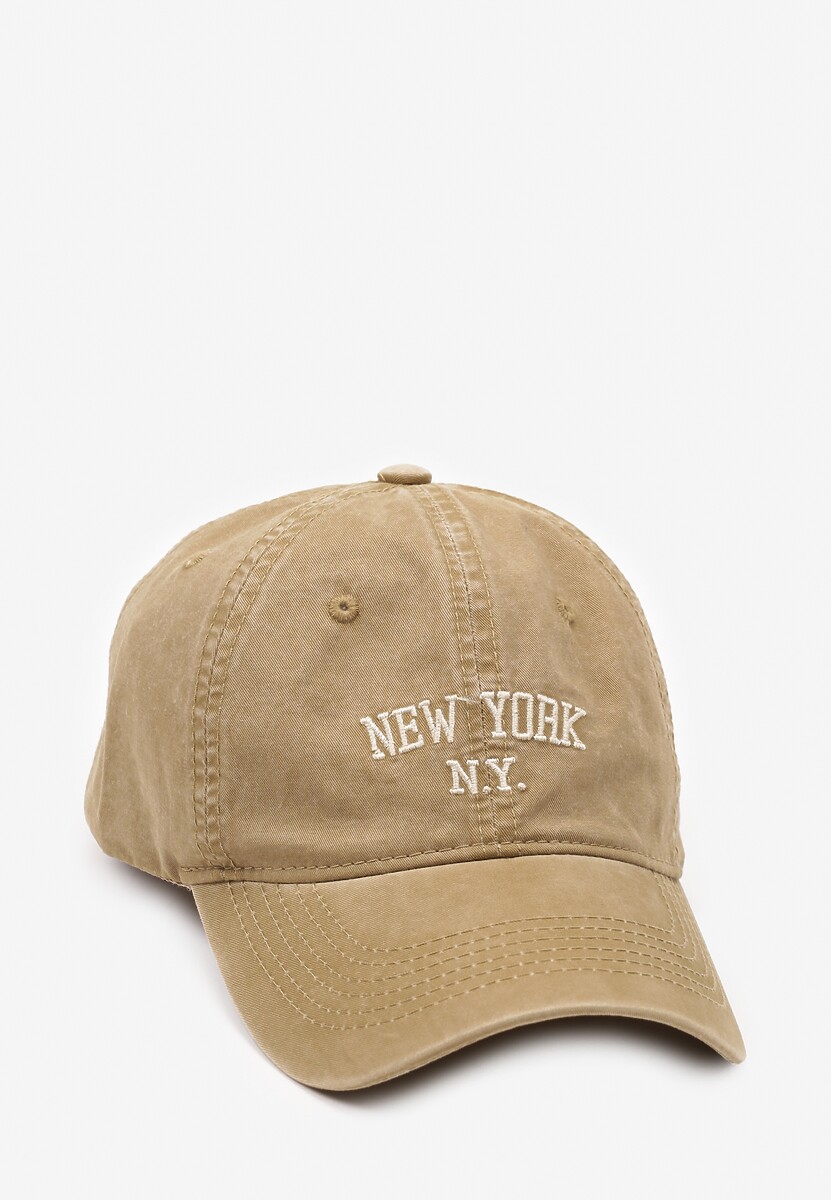 Brązowa Czapka z Daszkiem w Bawełny Zdobiona Napisem w Stylu Haftu Reioni