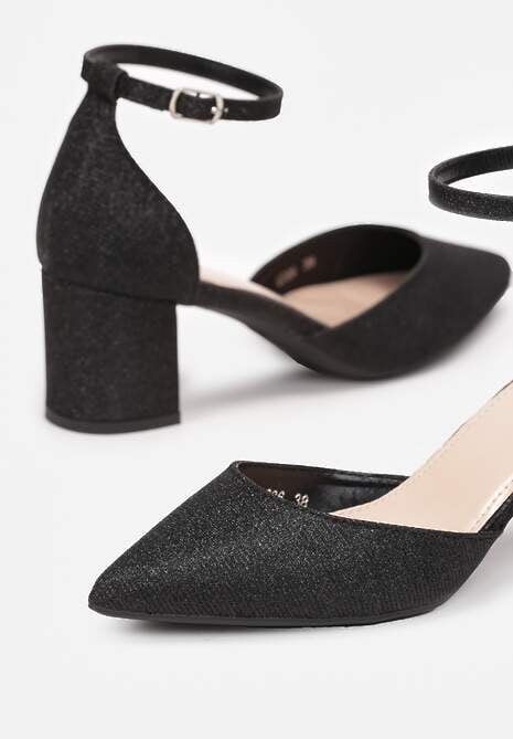 Czarne Brokatowe Czółenka na Niskim Słupku ze Szpiczastym Noskiem Halena