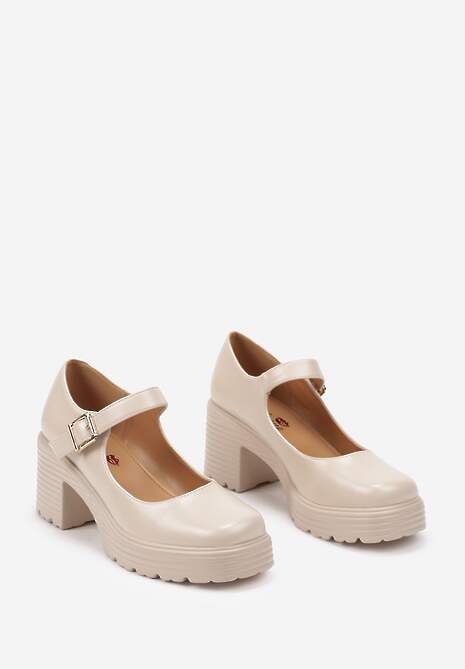 Jasnobeżowe Półbuty na Platformie i Słupku w Stylu Mary Jane ze Sprzączką Rivora