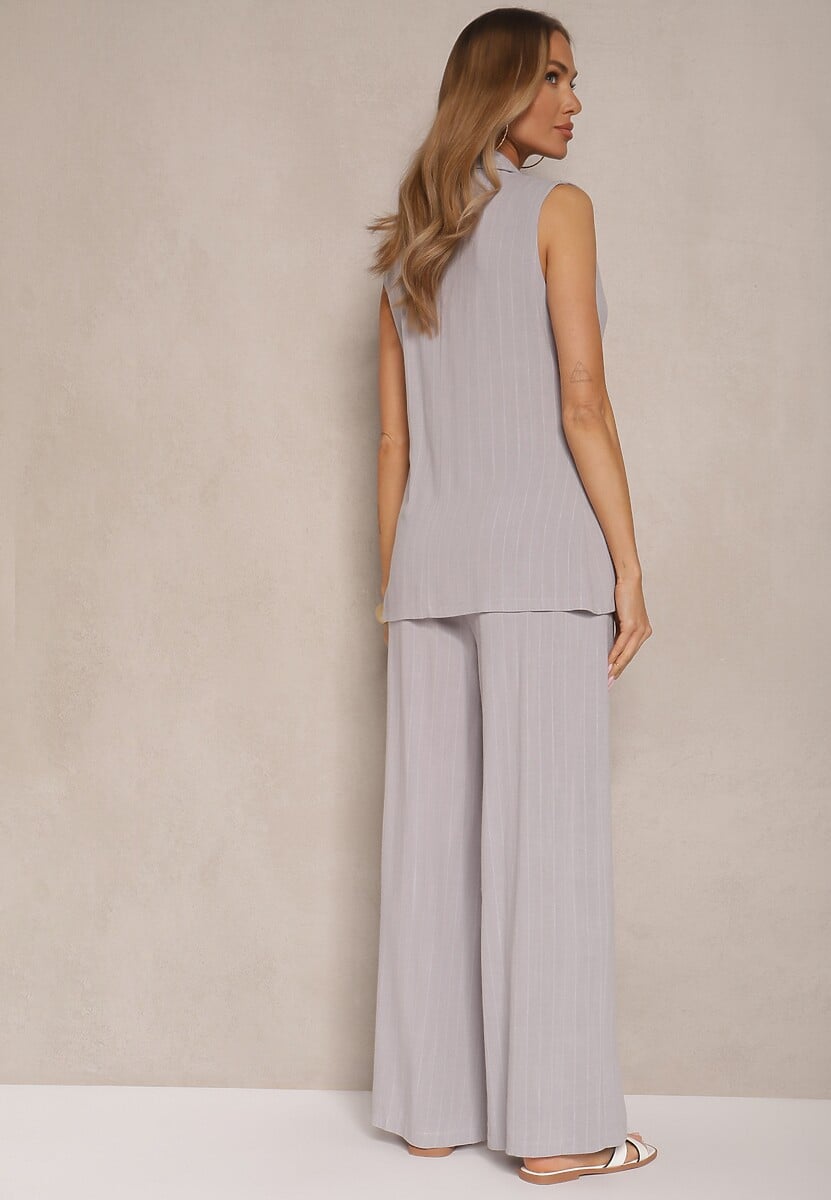 Jasnoszary Prążkowany Komplet z Wiskozą w Garniturowym Stylu Kamizelka i Spodnie Saralisse