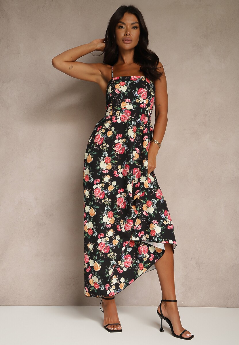 Różowa Rozkloszowana Sukienka z Wiskozą w Kwiatowy Wzór Nalivie