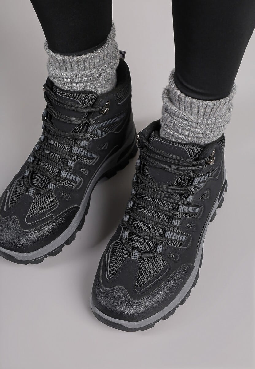 Czarne Buty Trekkingowe Traperki Vices ze Sznurowaną Cholewką Afellie