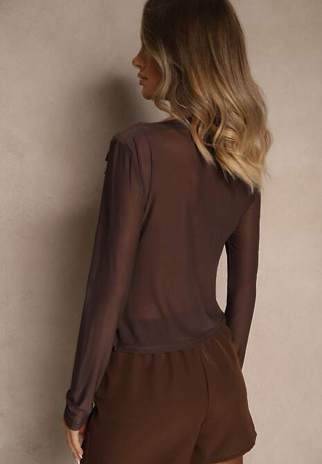 Brązowa Marszczona Bluzka z Siateczki Zdobiona Aplikacją w Kształcie Róży Olirisa