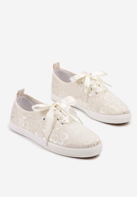 Beżowe Tenisówki Wiązane Wstążką Zdobione Tłoczeniem w Kwiaty Palesiela