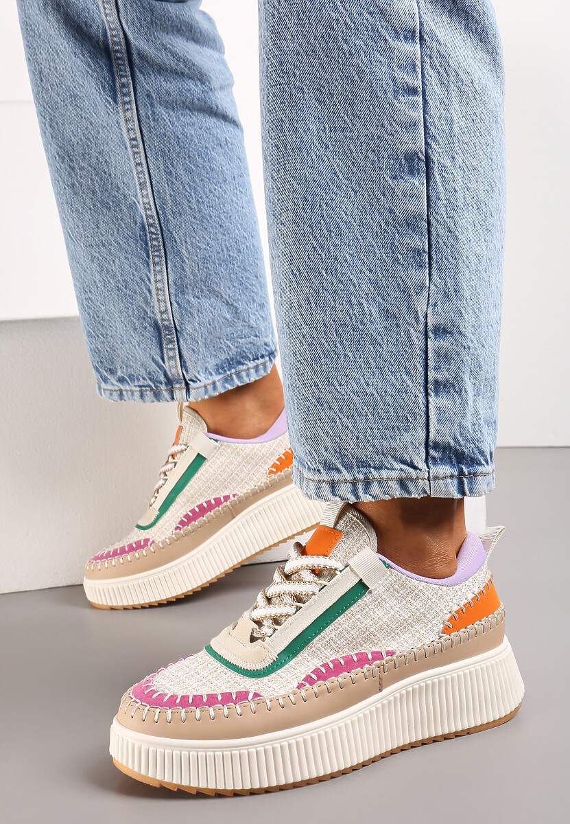 Ciemnobeżowe Tweedowe Sneakersy na Platformie z Przeszyciem Orilenes