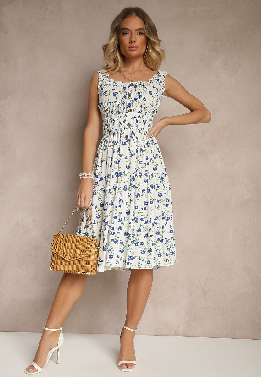 Biało-Niebieska Rozkloszowana Sukienka na Ramiączkach w Kwiatowy Print Xallio