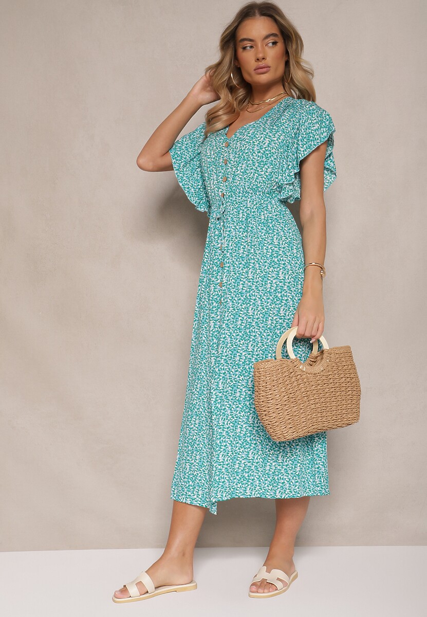 Zielona Sukienka z Bawełny w Cętki o Rozkloszowanym Kroju z Guzikami Aluvellae