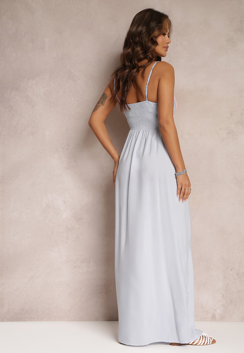 Jasnoniebieska Bawełniana Sukienka Maxi z Szydełkową Górą i Gumkami na Plecach Jennesia