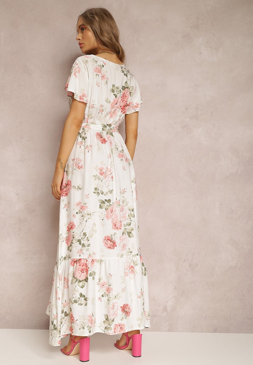 Biała Sukienka w Kwiaty o Kopertowym Kroju z Wiązanym Paskiem Iphene