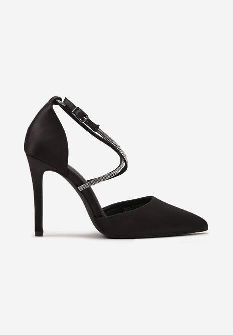 Czarne Satynowe Szpilki Ozdobione Cyrkoniami na Cienkich Paskach Wynstelle