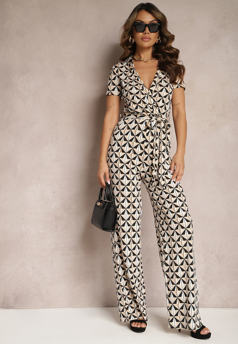 Czarno-Beżowy Długi Kombinezon Wiązany w Pasie z Kopertowym Dekoltem w Mozaikowy Wzór Maellias