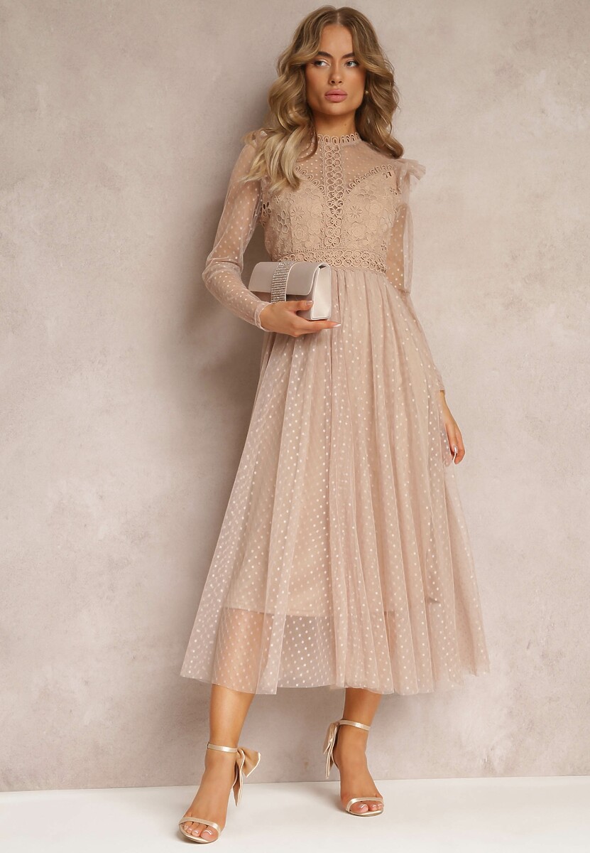 Bordowa Sukienka z Koronką i Tiulem Welvia