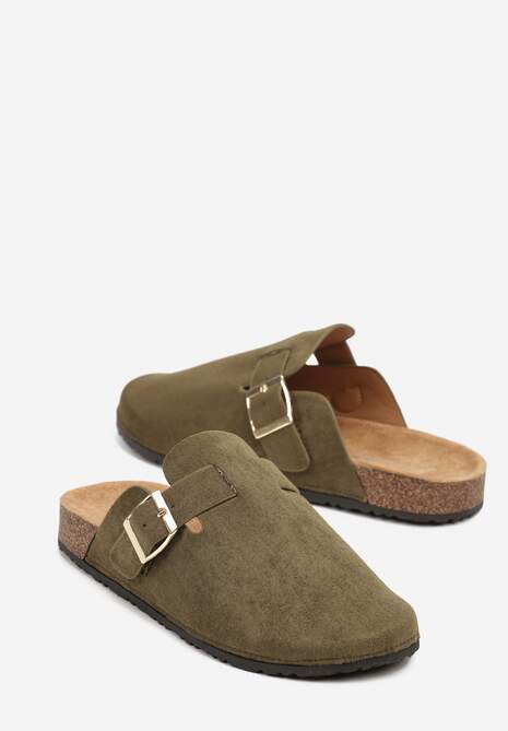 Zielone Klapki Chodaki Ozdobione Paskami z Klamrami Silamia