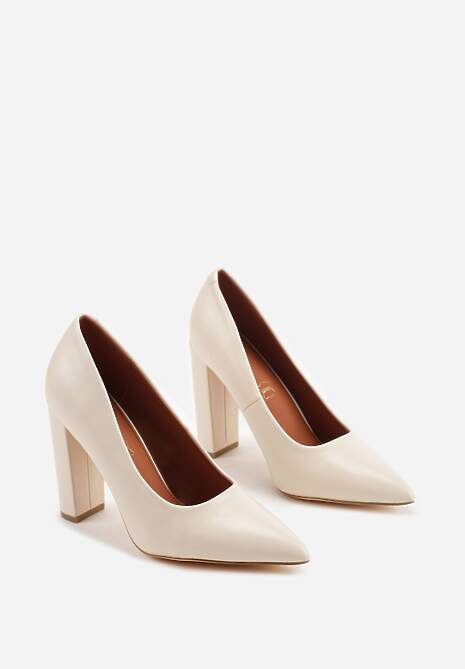 Jasnobeżowe Klasyczne Czółenka Vices na Słupkowym Obcasie ze Skórzaną Wkładką Divira