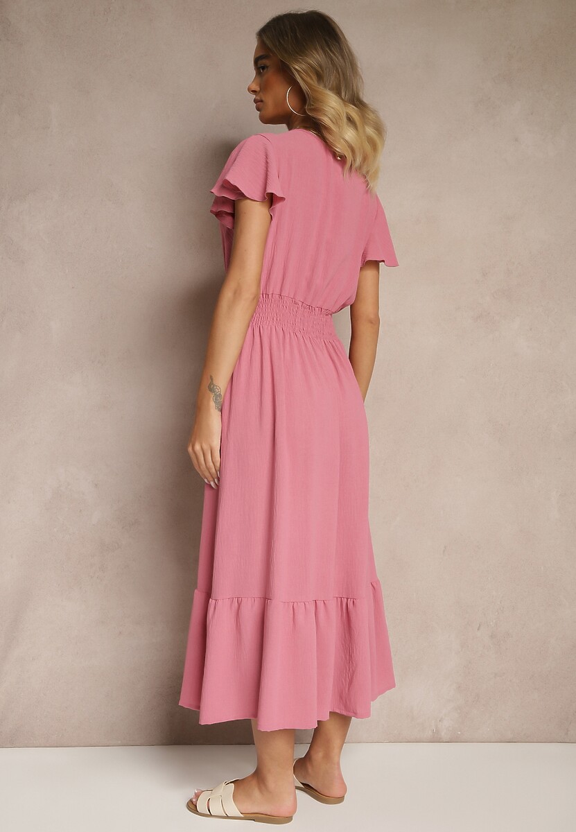 Różowa Kopertowa Sukienka o Rozkloszowanym Fasonie z Gumką w Talii Reivione