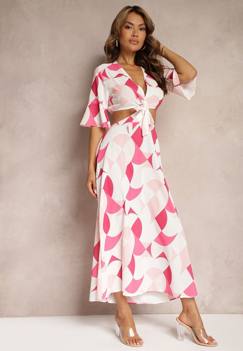 Niebieska Kopertowa Sukienka Maxi z Rozkloszowanym Dołem i Wiązaniem Alylina