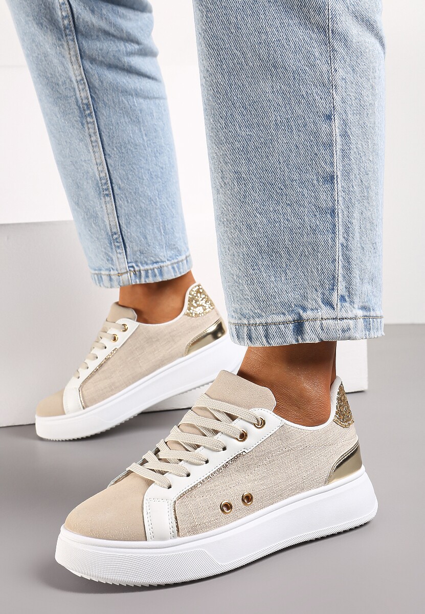 Beżowe Sneakersy z Metalicznymi Wstawkami na Grubej Podeszwie Amoone