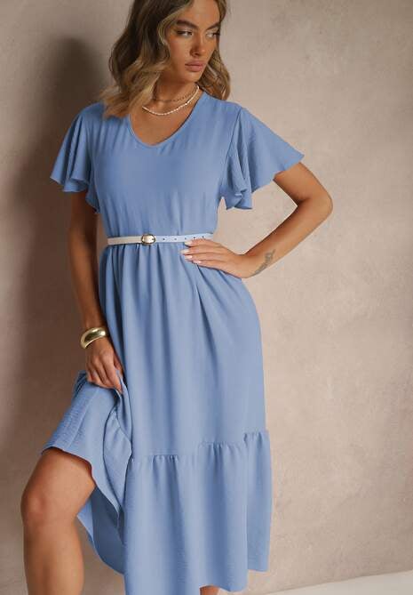 Jasnoniebieska Rozkloszowana Sukienka z Wiskozą w Casualowym Stylu Filarenna