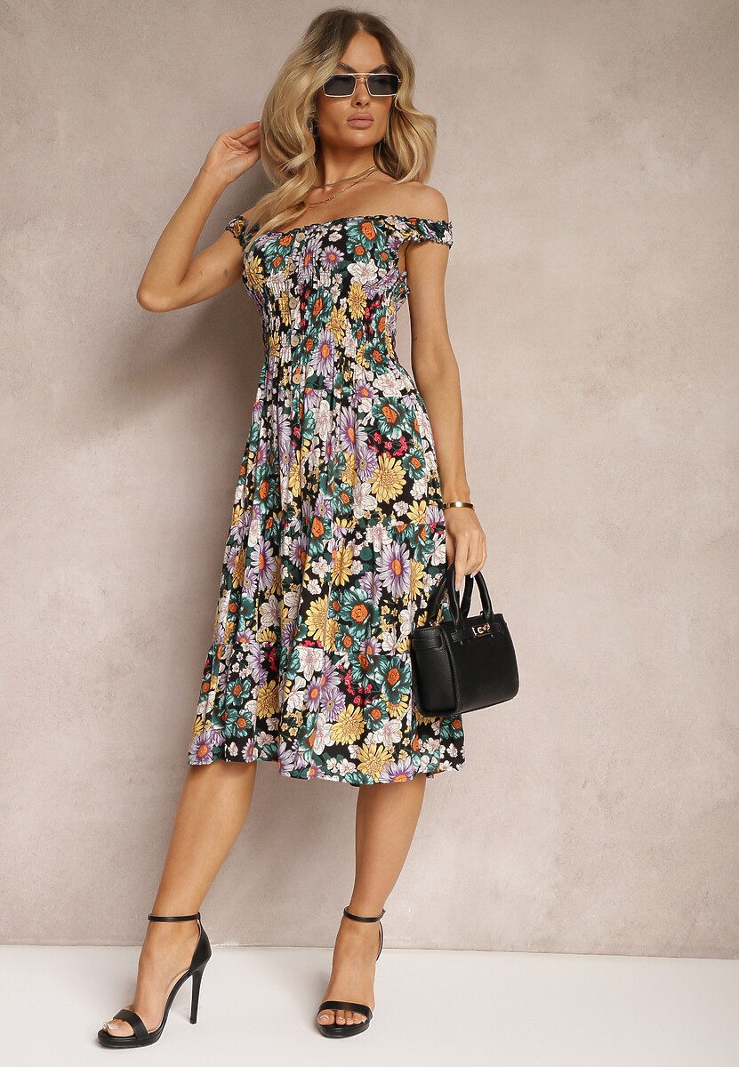 Czarno-Żółta Sukienka z Gumką w Pasie na Ramiączkach z Falbankami w Kwiaty z Ozdobnymi Guzikami Arcovia